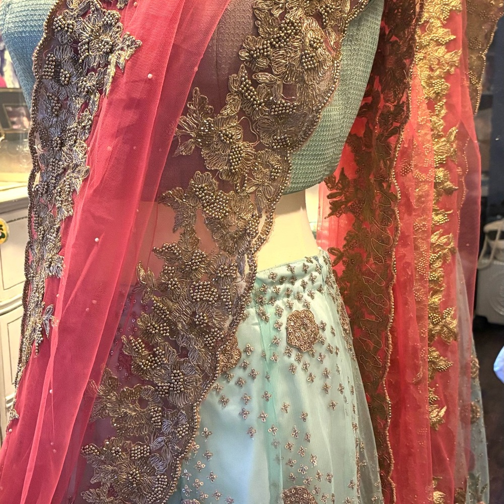 Elegant Pink and mint green with Gold Embroidered and beaded Lehenga